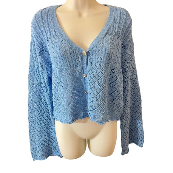 Zara Sweaters - ZARA Blue Open Knit Crochet Butterfly Sleeve Rhinestone Button Cropped Cardigan